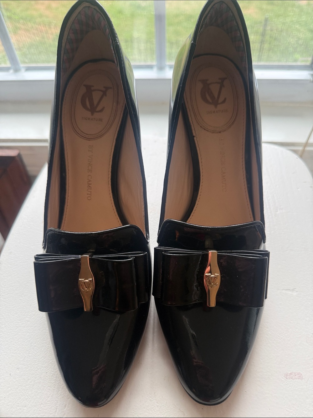 Vince Camuto Black Patent Bow Pumps with Logo Accent